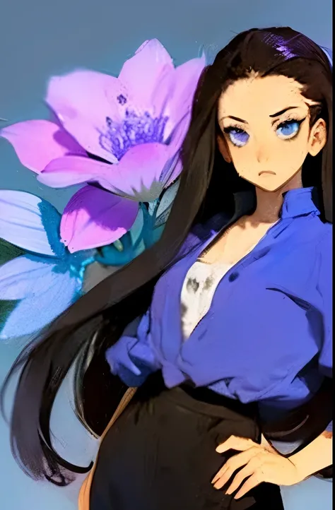 Anime character with long black hair and blue eyes but with demon eyes and with blue and purple clothing and with a demon with a background of blue Kimetsu no Yaiba flowers 