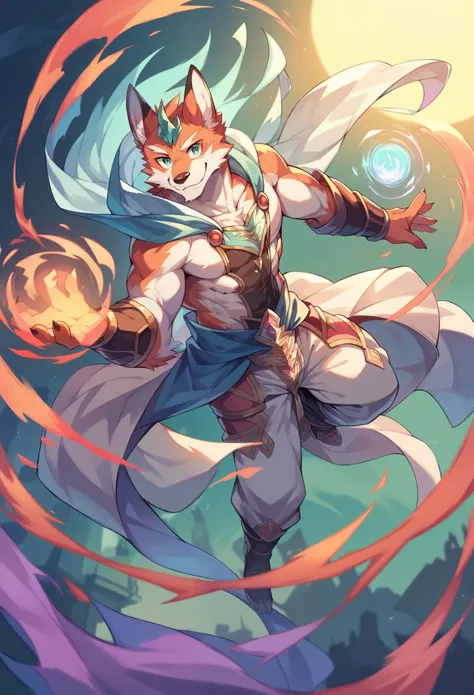 ((best quality)) ((masterpiece)) portrait, Magic, floating, sorcerer, muscular fox, anthro, kawai, high detail, smile, vibrant, fantasy city sorcerer clothes, male, 8k