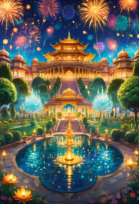 A grand Diwali celebration in an anime-style royal setting, with characters dressed in elegant attire, walking through a garden filled with fountains, lanterns, and glowing diyas. The sky is illuminated by spectacular fireworks, and the palace in the backg...