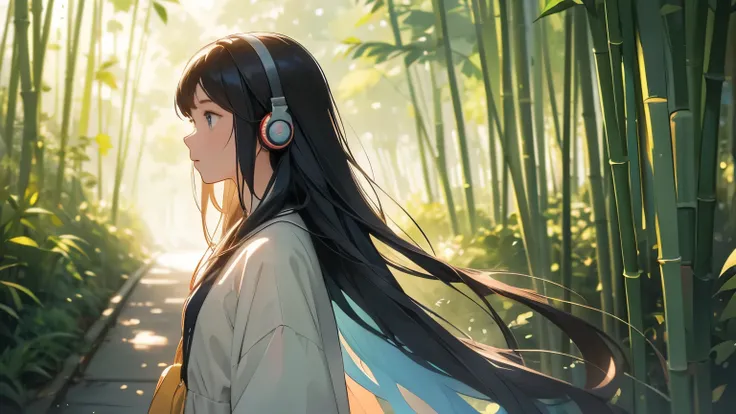 A girl wearing headphones listens to music while walking through a serene bamboo forest path in the early morning. The scene captures her from the side, her profile gently illuminated by soft, filtered sunlight. The atmosphere is peaceful and tranquil, wit...