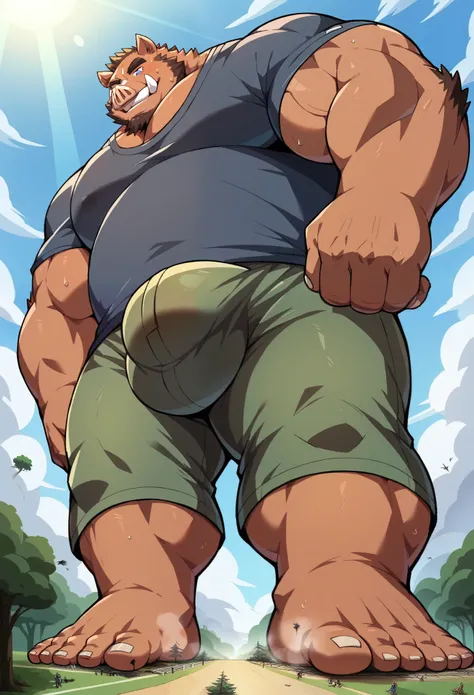 NJ5furry, Boar, solitary，Beast field，chubby, Thick arms，Strong muscles，shorts，Plush，Chubby face，Black eyebrows，Sky blue eyes，beard，smirk:1.1，lying back on the grass,on stomach, daddy, (from below:1.1)，Lie down，（shirt,shorts），Sunlight , stinky feet ,（sweat）...