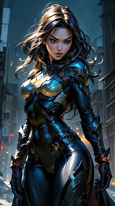 wgz style、Highly detailed beautiful woman portrait、Perfect female face、Classical Oil Painting、Masamune Shirow、William Tae Kim、 dynamic pose､batman costume