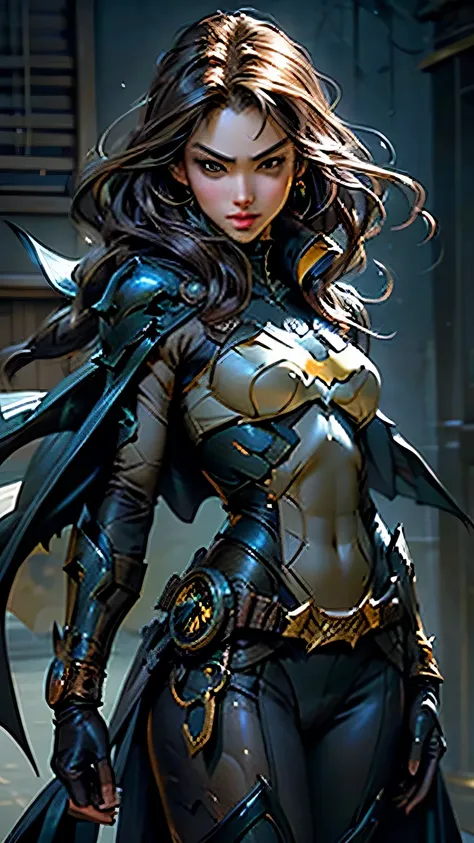 wgz style、Highly detailed beautiful woman portrait、Perfect female face、Classical Oil Painting、Masamune Shirow、William Tae Kim、 dynamic pose､batman costume