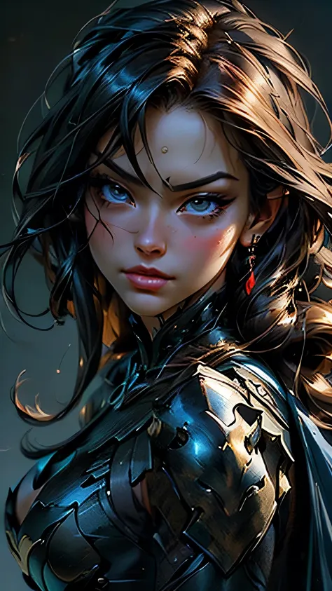 wgz style、Highly detailed beautiful woman portrait、Perfect female face、Classical Oil Painting、Masamune Shirow、William Tae Kim、 dynamic pose､batman costume, ((( Upper Body Portrait )))