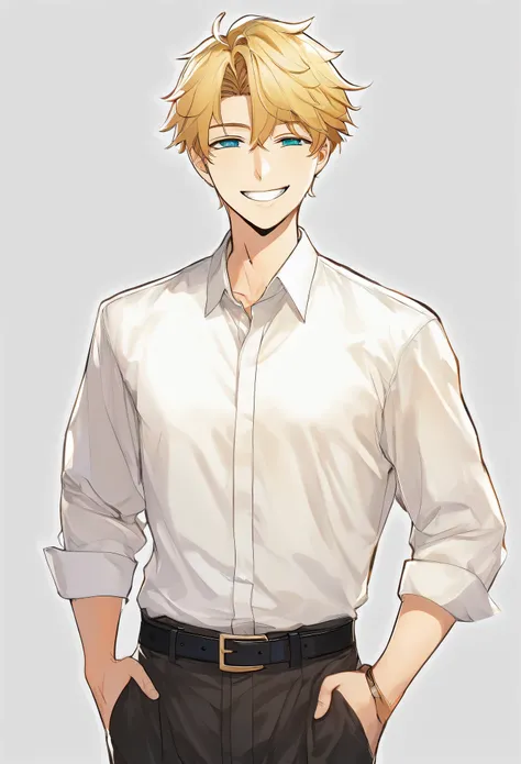 fresh smile 、whole body像、pieceサイン、piece、 businessマン、whole body、belt、shirt、collar、whole body、solo、One Man、male、Blonde、白いshirt、Black trousers、Handsome、 white flat background 、Detailed eyes、 gentle expression、Crinkled smile、whole body像、Smiling and squinting、...