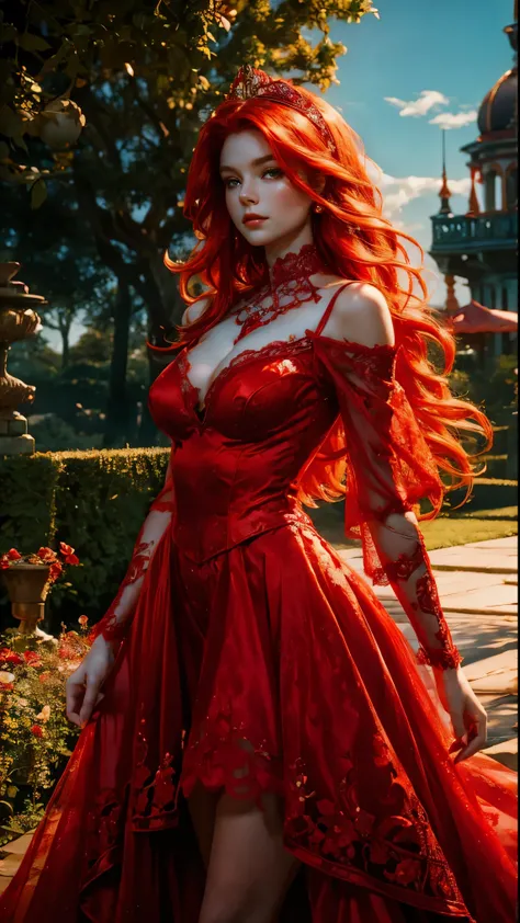 A fantasy princess with fiery red hair, wearing a delicate red lace outfit. She stands in an enchanted garden, with soft light illuminating her skin. Her expression is serious, and her posture is graceful, exuding confidence and allure.