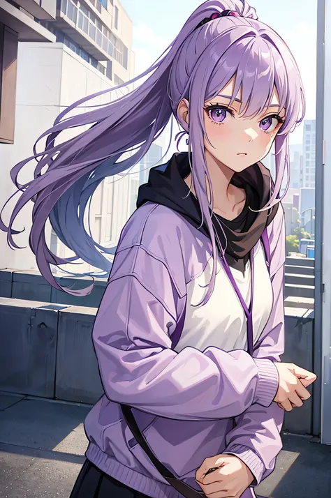 A tall teenage girl with ponytail hair, light purple hair, wearing casual clothes, Face turned to the side. High detailed. Hd