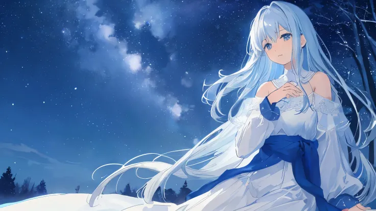 A scene where a single protagonist gazes up at a beautiful starry sky. The night sky is adorned with flowing stars, casting a gentle light on the protagonists face. Their hair is soft with a natural texture, and their expression, slightly melancholic, exud...