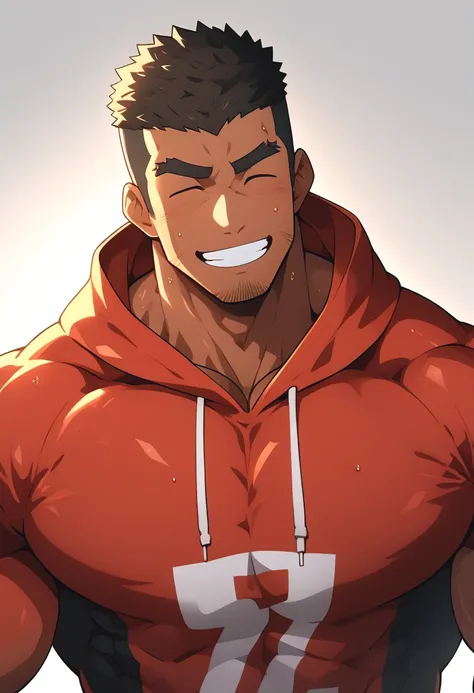 Black person, anime characters：Gyee, One Young Muscle Sports Sexy Teacher, sweat, negro black skin, Huge chest muscles, male focus, Red black hooded sports sweatshirt, Wear a black high-necked tights inside, Very tight, muscular male, muscular, only, Upper...