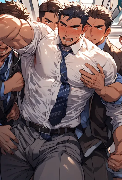 masterpiece, best quality, Japanese, Muscular, In a crowded train、shirt、slacks、tie、Being molested、Short Hair