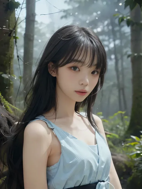 (Best Quality, 16k, Realistic:1.2), Japanese teenage girl in a misty forest at night , (Detailed skin, Sweet Dress), (Long Hair:1.3, Short bangs), (Mysterious lighting , Thick Fog:1.4), 16K film-like , captures the essence of a Japanese teenage girl in ...