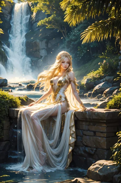 a goddess sitting by a waterfall, her long blonde hair flowing over her shoulders. she wears a translucent white gown with gold ...