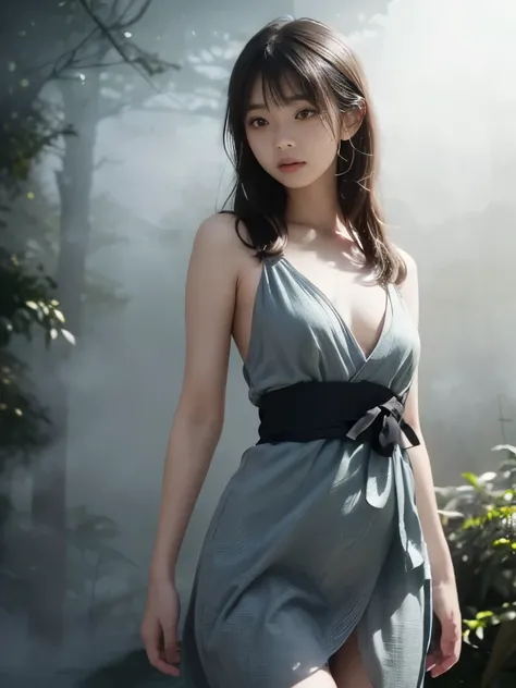 (Best Quality, 16k, Realistic:1.2), Japanese teenage girl in a misty forest at night , (Detailed skin, Sweet Dress), (Long Hair:1.3, Short bangs), (Mysterious lighting , Thick Fog:1.4), 16K film-like , captures the essence of a Japanese teenage girl in ...