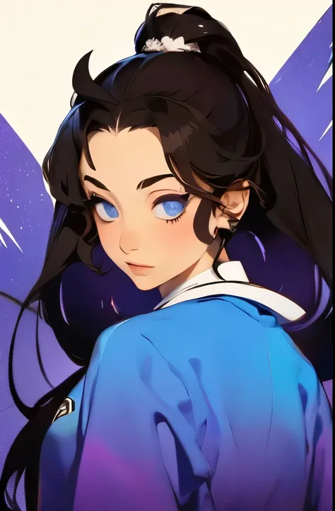 Anime character with long black hair and blue eyes but with demon eyes and with blue and purple clothing and with a demon with a background of blue Kimetsu no Yaiba flowers 