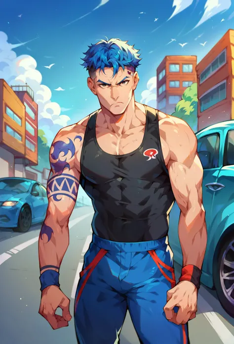 street racers,tattoo,male,In front of a sports car,city,Blue hair,black,,looking at viewer,frown,muscles,Americans 