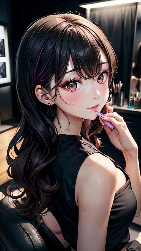 An anime-style 28-year-old Japanese beauty influencer named Aya Fujiwara with long, glossy straight black hair and large, expressive dark brown eyes. She is wearing a stylish elegant blouse paired with a high-waisted skirt and fashionable accessories, incl...