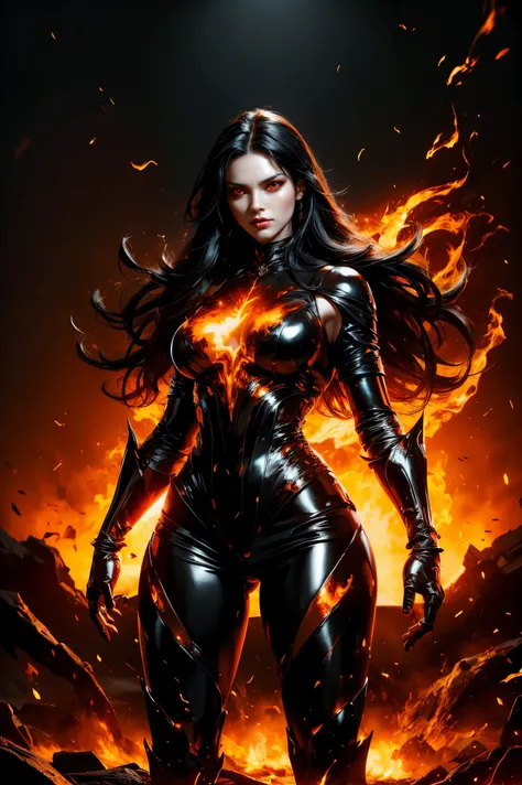 A powerful demoness with long black hair, standing confidently in a fiery landscape. She wears minimal black leather armor, accentuating her curves. Her red eyes glow, and flames flicker around her, enhancing her fierce and seductive aura.