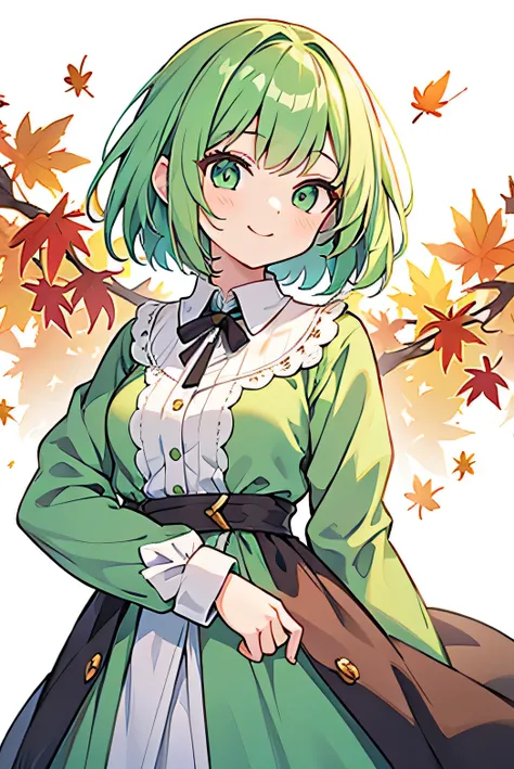 girl,Long sleeve dress,autumn,smile,Mint green hair,Bob Hair,White background,Up to the waist