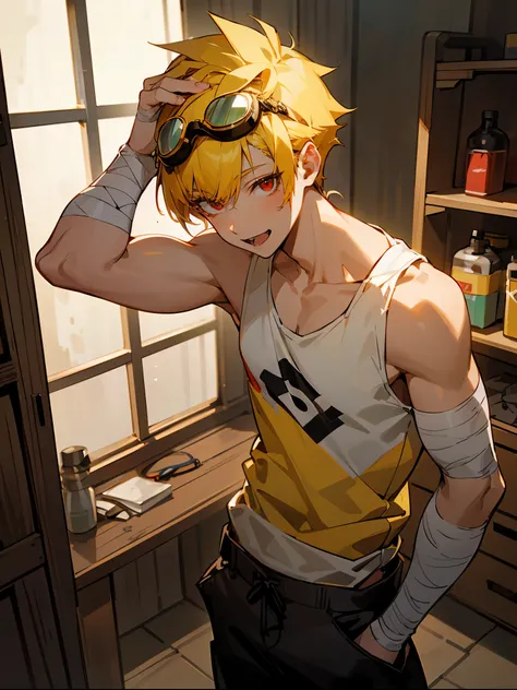 1male , Young Male , Yellow Hair , Yellow Undercut Hair , Red Parted Hair , Spiky Bangs ,Red Eyes, Happy Expression ,One Bandaged Arm, White Tank-top with oil stains , Goggles On Head , Standing in a workshop , Perfect Quality