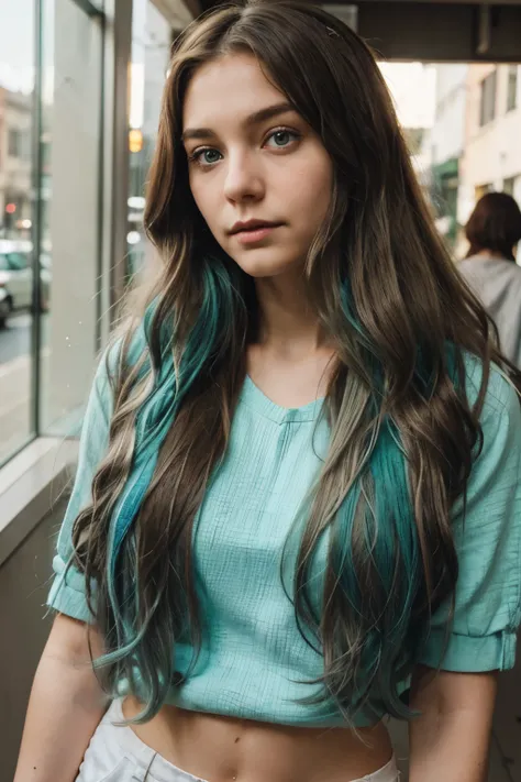 Art Girl,  Long wavy brown and light blue hair,  green eyes, 26 Years , with freakles 