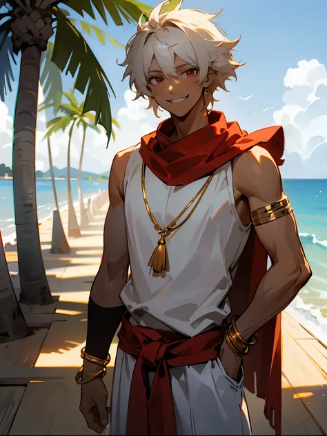 1male , Dark Skin,Red Bandana Tied Around Arm , Low Cut White Messy Hair, Sleeveless White Clothing , Golden Jewelry , Smiling Expression , Red Eyes , Golden Bracelets , Standing on a board walk with palm trees , Perfect Generation , 