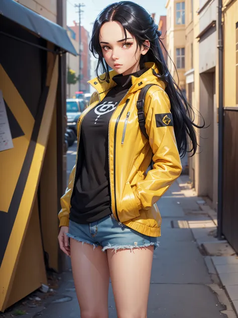 a girl, yellow jacket, hands in pockets, staring at another person, long black hair, heterochromic eyes, heterochromic eyes, het...