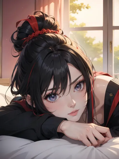 a woman laying on a bed, seductive anime girl, violet eyes, extremely detailed eyes, beautiful goth anime girl, detailed digital anime art, anime goth girl, black and red hair, goth anime girl with black hair, black hair with red highlights, dark red highl...