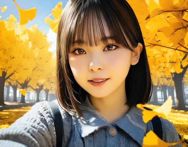 (best quality, 8k, high resolution:1.2), 1girl, Ginkgo tree row, autumn, upper body