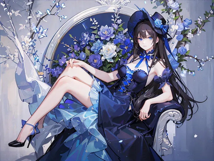  A solo brunette ,  pale skin ,  with sapphire blue eyes ,  bow adorned with dark blue flowers and a wide {x} wearing a blue dress with black decorations,  with a low top hat , Blue Ribbon,  with dark blue flowers and a wide , Long brimmed . 