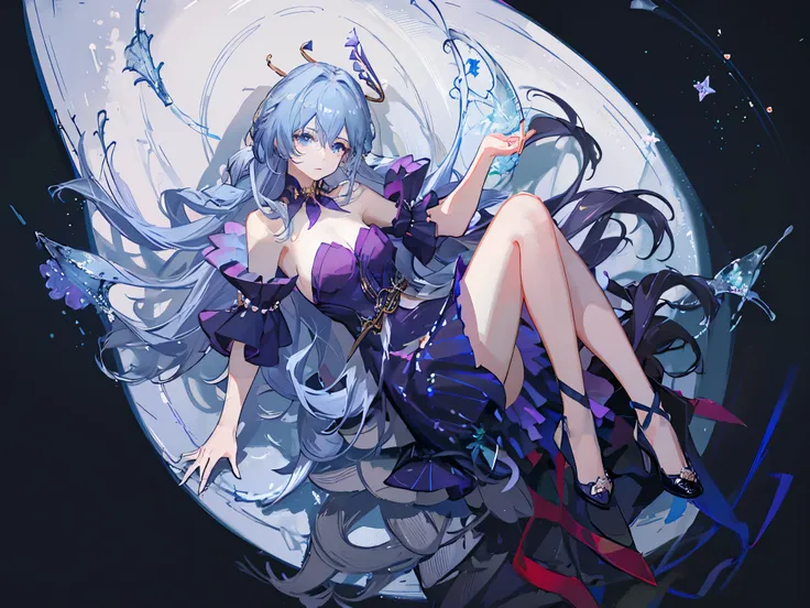 A solo brunette , pale skin , with sapphire blue eyes , bow adorned with dark blue flowers and a wide {x} wearing a blue dress with black decorations, with a low top hat , Blue Ribbon, with dark blue flowers and a wide , Long brimmed .