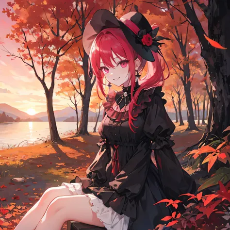 forest full of fallen leaves and a lake 

Satanichia McDowell showing off her cute smile pretty hat
Gothic dress in black and white clothes
While seated 

Beautiful sunset
magenta eyes red hair tied a pretty ponytail earrings in their ears and 
a nice acce...