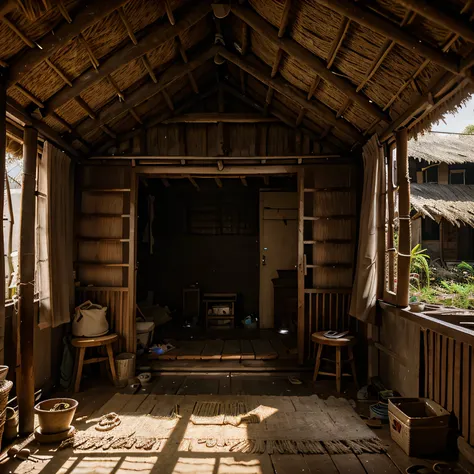  creates an image of the inside of a very dilapidated thatched hut in a Vietnamese slum village, A bright ray of light from outside shines into the thatched house .