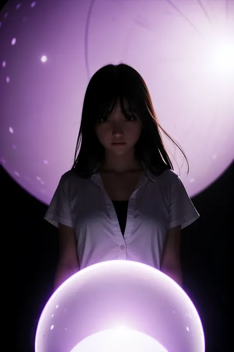 1 sphere of violet light, white silhouette of a girl in its center