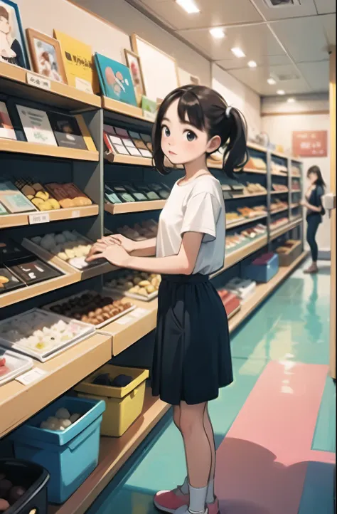 (Masterpiece, Best Quality), (colorful:1.4), the above, Alone, 1 young very  standing on the ground of a shop、 There are lots of stuffed animals on the shelf,  depth of field， Little Pinky T Shirt ,cute,  Arcade Store ，