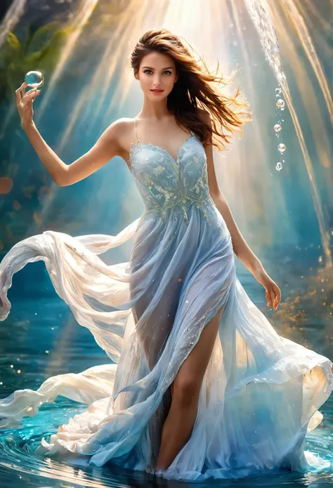 beautiful woman,  dynamic pose , smooth movement, (water, white very transparent dress with water pearls, stream of water, contr...