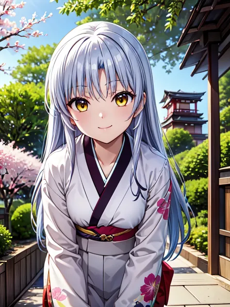 best quality,  very high quality,kanade tachibana,one girl、solo、silver hair、charming yellow eyes 、 very detailed faces 、smile、cl...