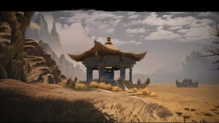 with a small gazebo in the middle of a field ,  the beastlands  , highly realistic concept art, sci-fi mongolian village,  4k co...