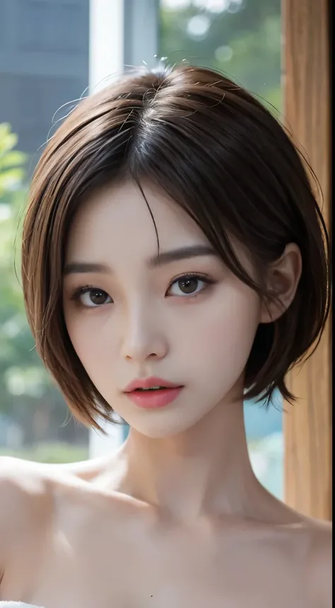 incredibly absurd, beautiful and cute 20-year-old Korean girl with a photorealistic face, showcasing top-quality craftsmanship. Her slender frame adorned with short, messy hair. The artwork high-resolution, allowing for ultra-detailed features to be captur...