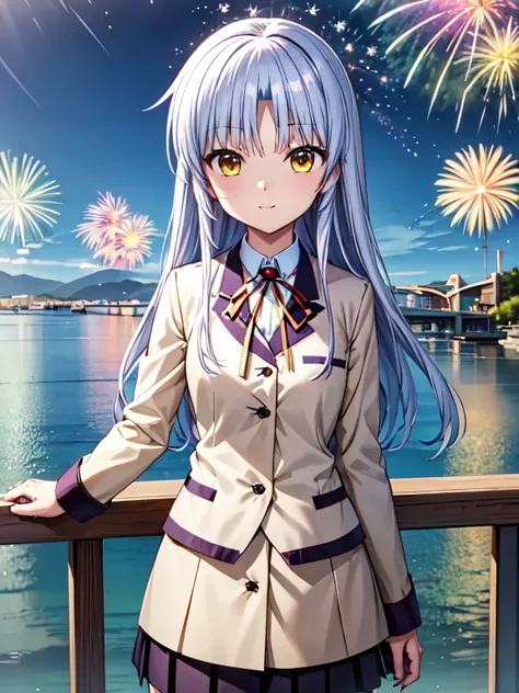 best quality,  very high quality,kanade tachibana,(night、綺麗なnight空:1.2)、one girl、solo、silver hair、charming yellow eyes 、firework...