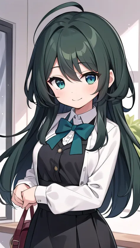 Junior high school student who looks like an elementary school student, , very short, 140 cm tall, black hair with a slight green tinge, short ahoge, beautiful long hair but with a little hair sticking out, beautiful round eyes, blue eyes, smile, boyish, l...