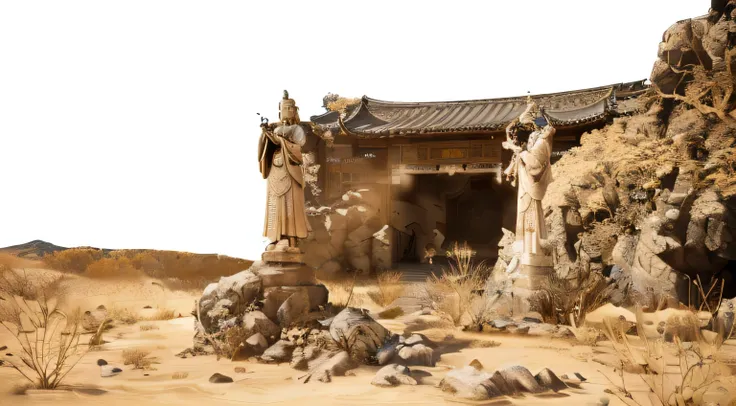 there is a statue of a man standing in front of a building,  beautiful rendering of the tang dynasty  , rendered with unreal eng...