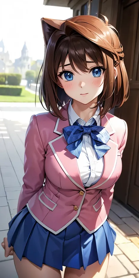 1 Female,High definition,high resolution,Ultra-realistic,8K, aamazaki, (antenna hair:1.2), blue eyes,blue bowtie, pink jacket, blazer, long sleeves, blue skirt, tight skirt, miniskirt,pleated skirt, large breasts,European,sexy,Upper body close-up,Photograp...