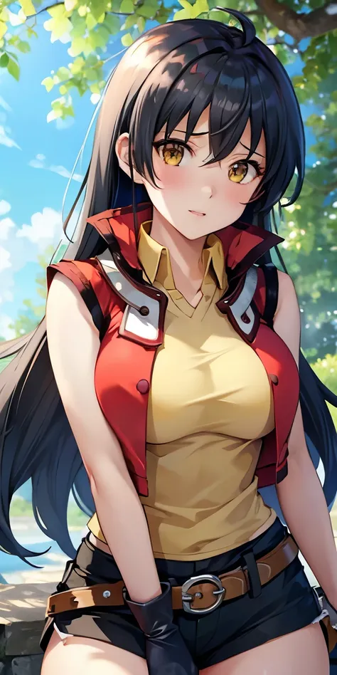 1 female,high definition,high resolution,ultra-realistic,8k, hmrei, long hair, black hair,yellow eyes,red jacket ,collared shirt...