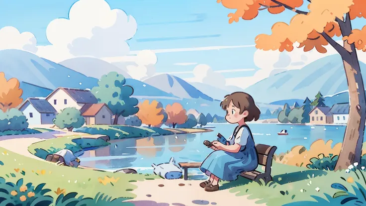 a woman is sitting on a bench by the water, relaxation concept art, sitting by the river,  low fidelity illustration style , pai...