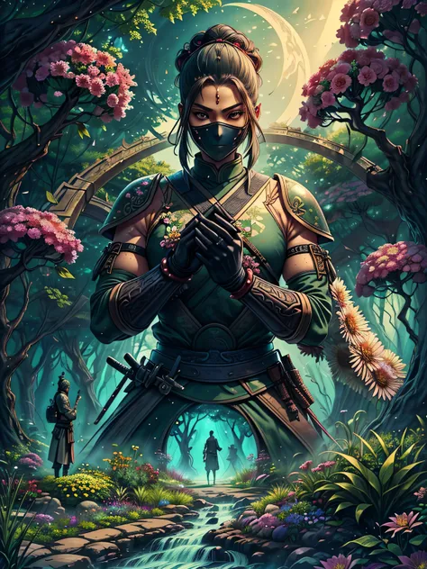 (((Masterpiece))), Best Quality, High-resolution photograph, Create a high-definition, abstract image based on Sun Tzu’s quote: “It is better to be a warrior in a garden, than a gardener in a war.” Depict a gentle warrior, blending ancient samurai or ninja...