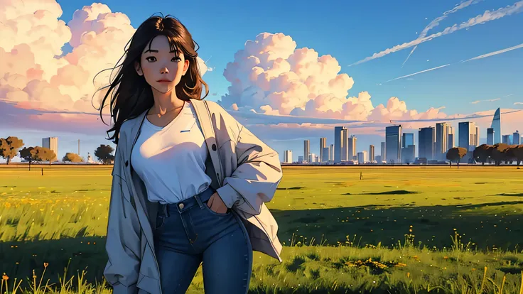  vast autumn sky , The sun is shining, Calm breeze  ,Beautiful skyline, white clouds,wide meadow,   intense tension and dramatic video ,  Moving visual effects , colorful natural light. , white long-sleeved jeans ,  Standing straight in front ,sexy girl , ...