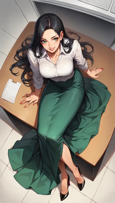 ((masterpiece, high resolution, better quality, better details)), ((Smiling)), ((one girl)) a girl sitting in the office, full body, maxi skirt, long skirt, ((long skirt without openings)),((louboutin high heels)), green eyes , ((black hair, long hair)), s...