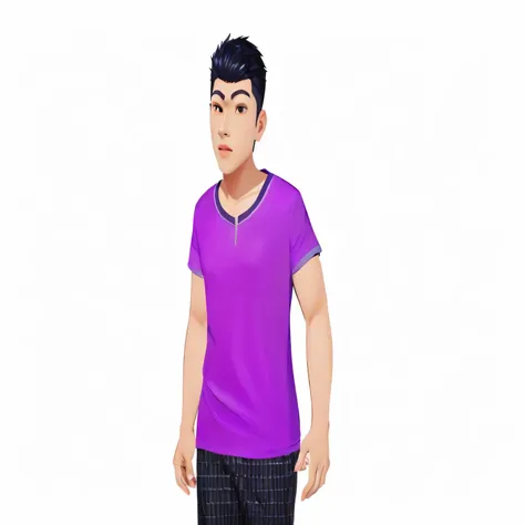 a close up of a person wearing a purple shirt and black pants, upper body 2d game avatar, male character, asian male, upper body avatar, full body character, character full body portrait, realistic person, full body single character, rotoscoped, male teena...