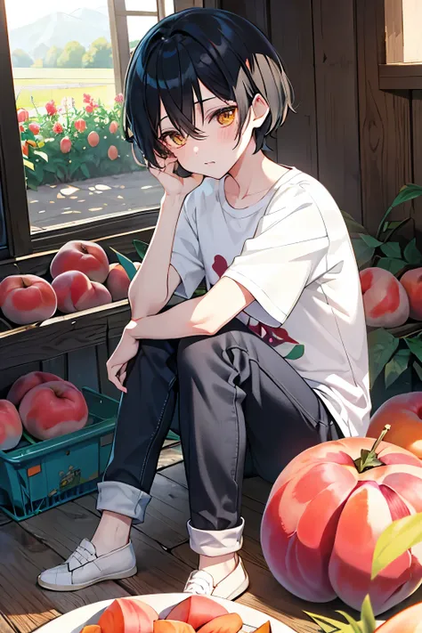 Momonoki 　 Boy nibbling on peaches　field　Black Hair　jeans　Short Hair　Peaches Chewing 　Wooden House