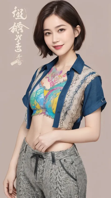 304 (20-year-old woman, short bob hair), (A kind smile), (colorful), (( charactersＴshirt)), Wearing long trousers, abstract splash painting, (Doodle:1.46), (chest:1.46)